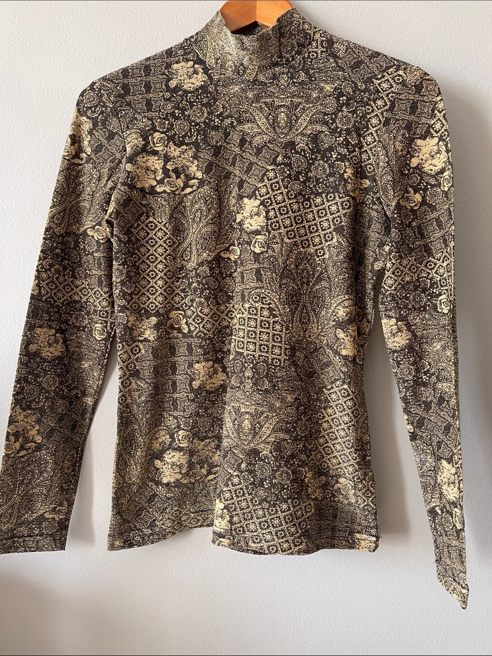Vintage ET VOUS Mock Neck Printed Long Sleeve Top in metallic olive Lurex